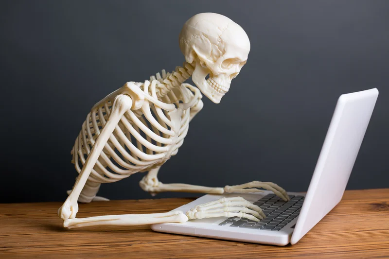 Plastic skeleton model hunched over laptop typing on wooden desk