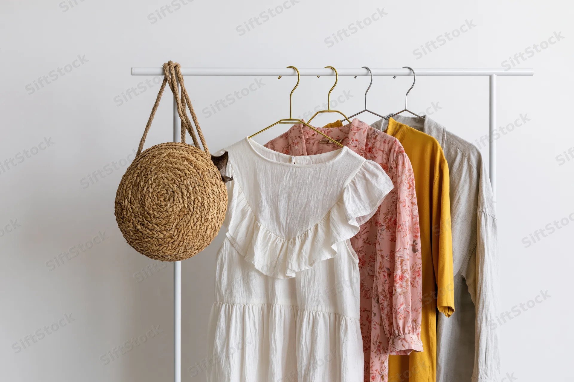 Women's dresses and a straw bag hanging on a white portable clothing rack against a plain wall