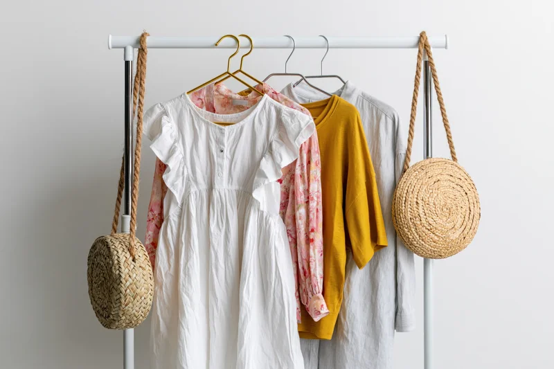 Women's clothing including a white dress and colorful tops arranged on a portable rack with woven straw bags hanging on either side