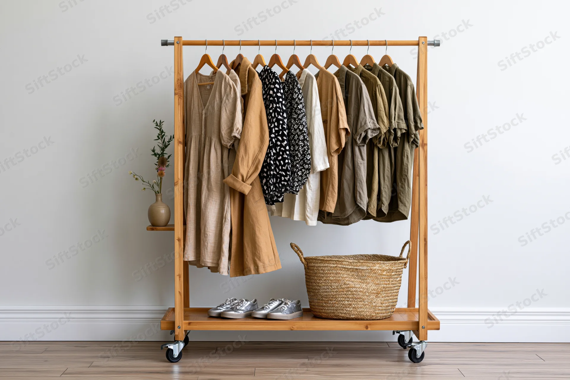 Portable wooden clothing rack with hanging garments and storage basket on wheels in a minimalist room