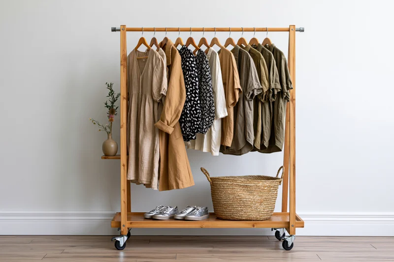 Portable wooden clothing rack with hanging garments and storage basket on wheels in a minimalist room