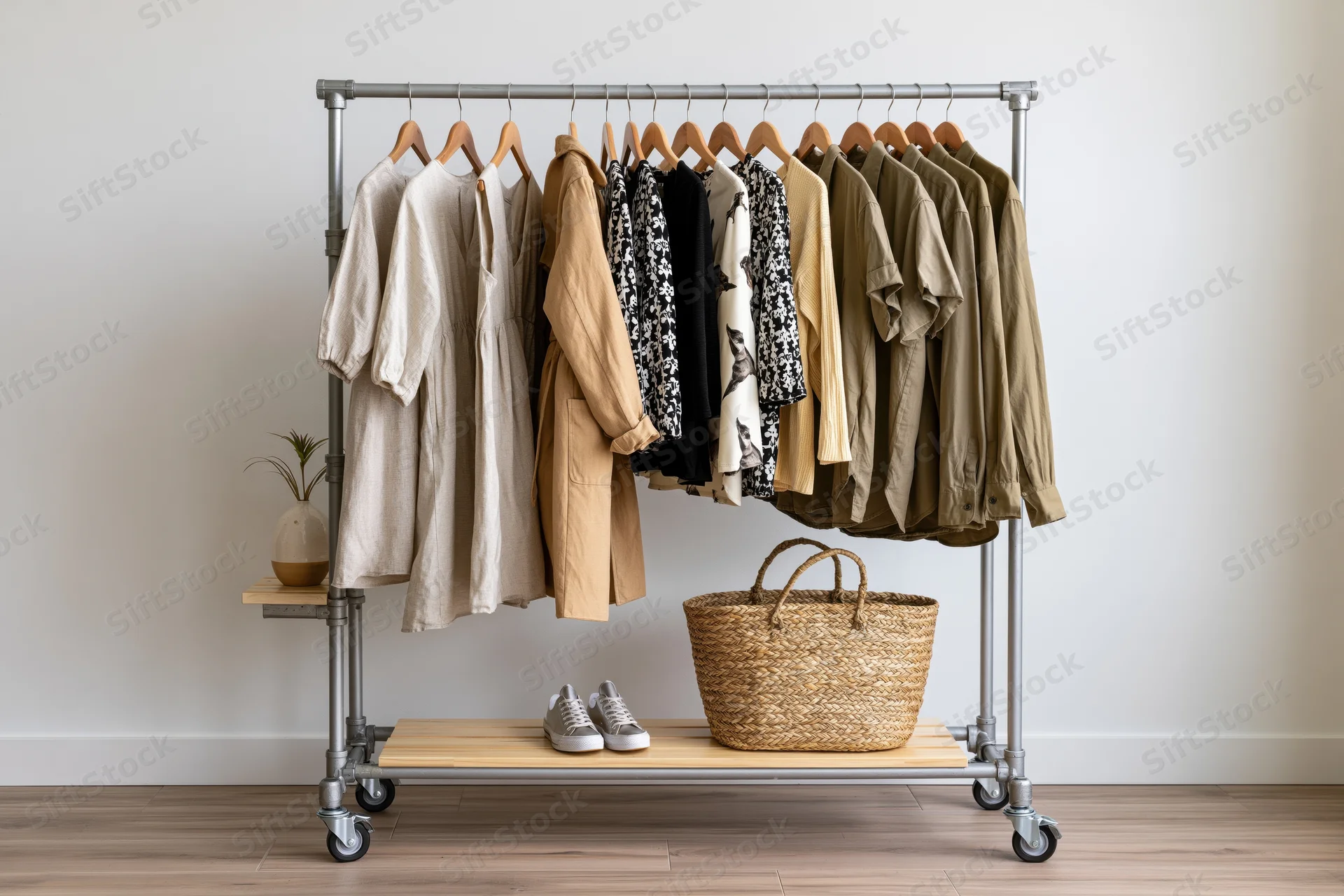 Portable clothing rack with assorted garments on hangers and accessories on shelf in minimalist room