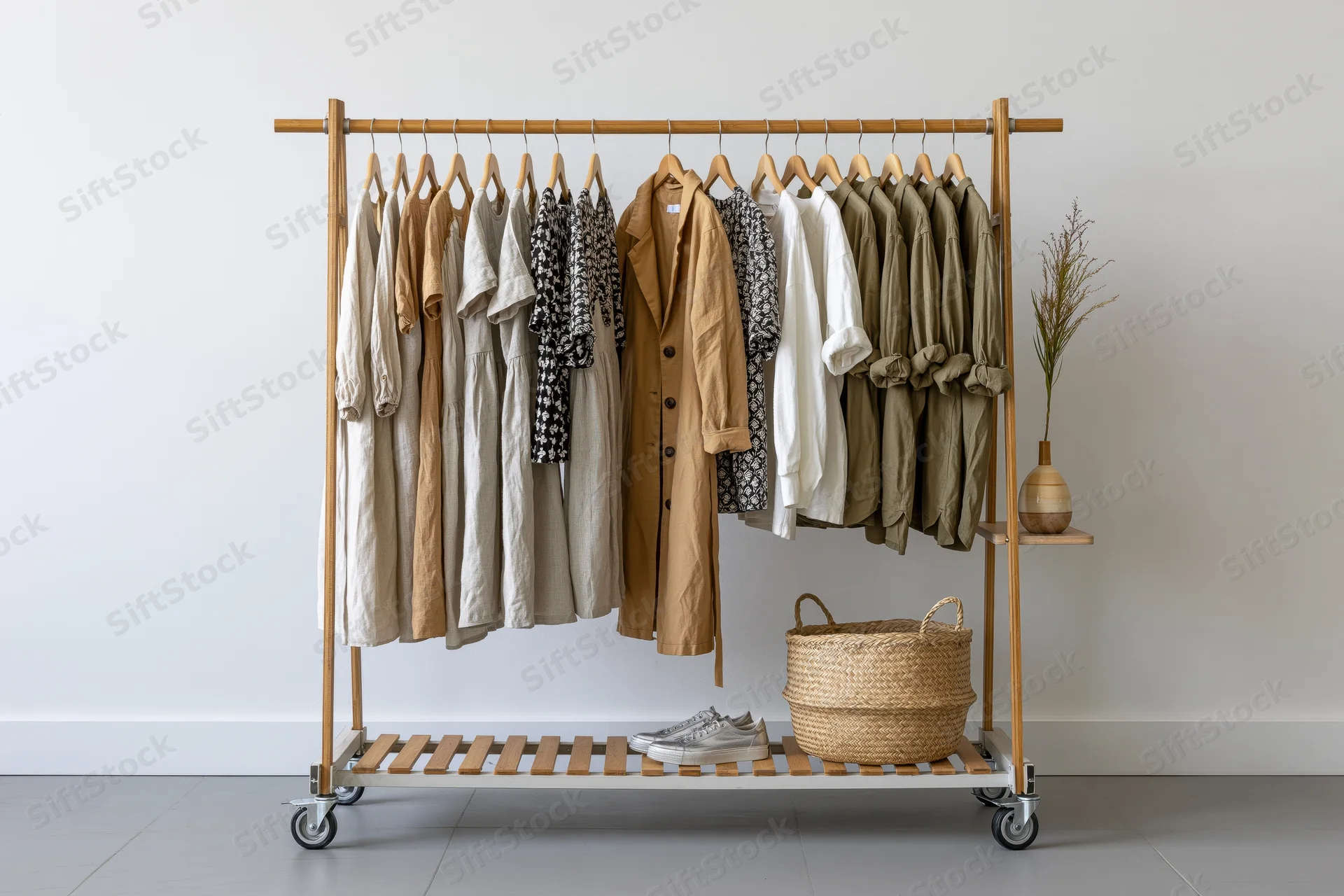 Portable clothing rack holding assorted garments on wooden hangers with basket and vase on lower shelf in minimalist room