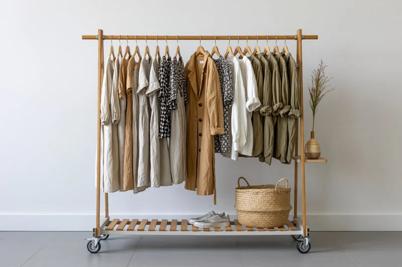 Portable clothing rack holding assorted garments on wooden hangers with basket and vase on lower shelf in minimalist room