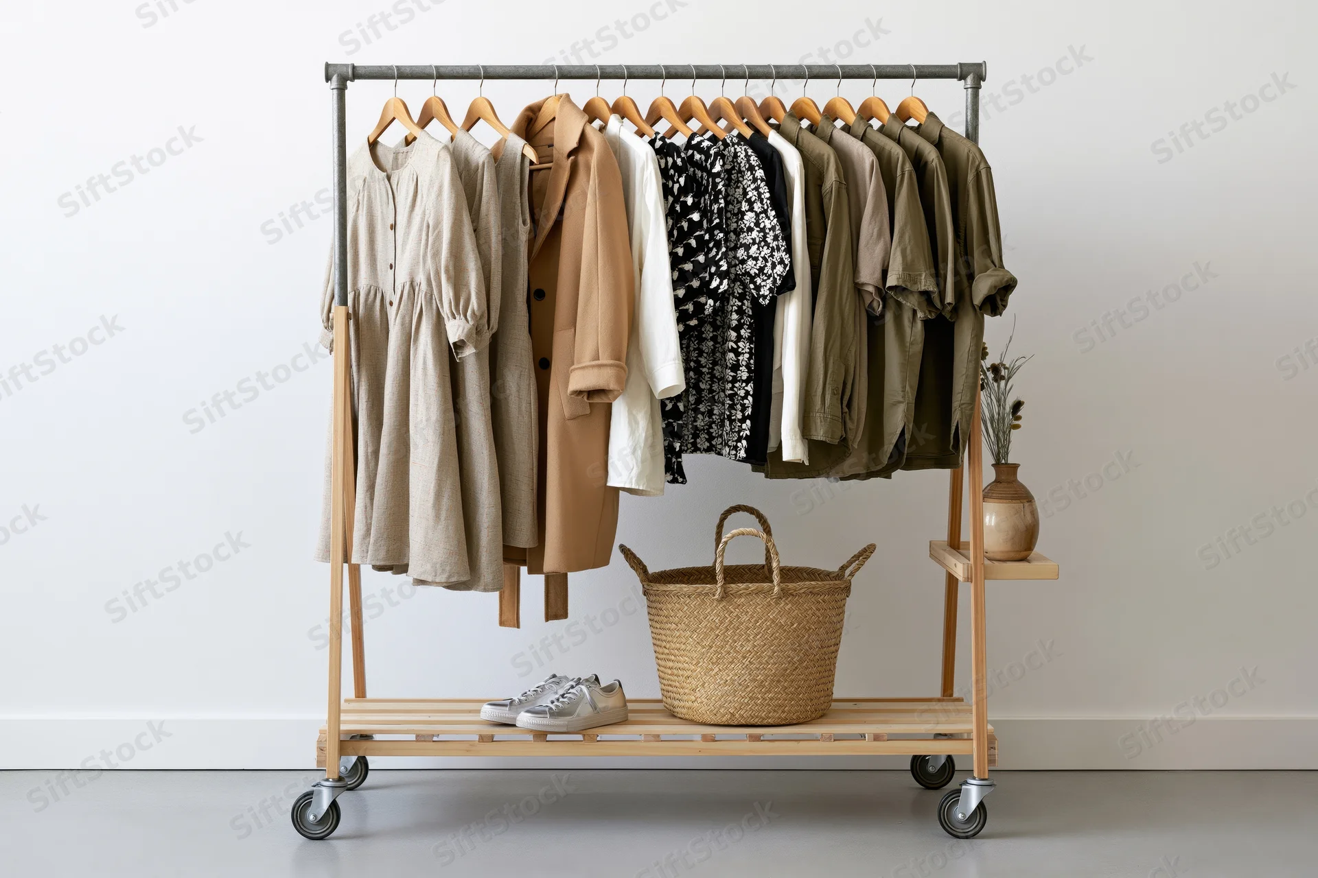 Portable clothing rack with assorted garments on hangers and accessories on lower shelf in minimalist interior