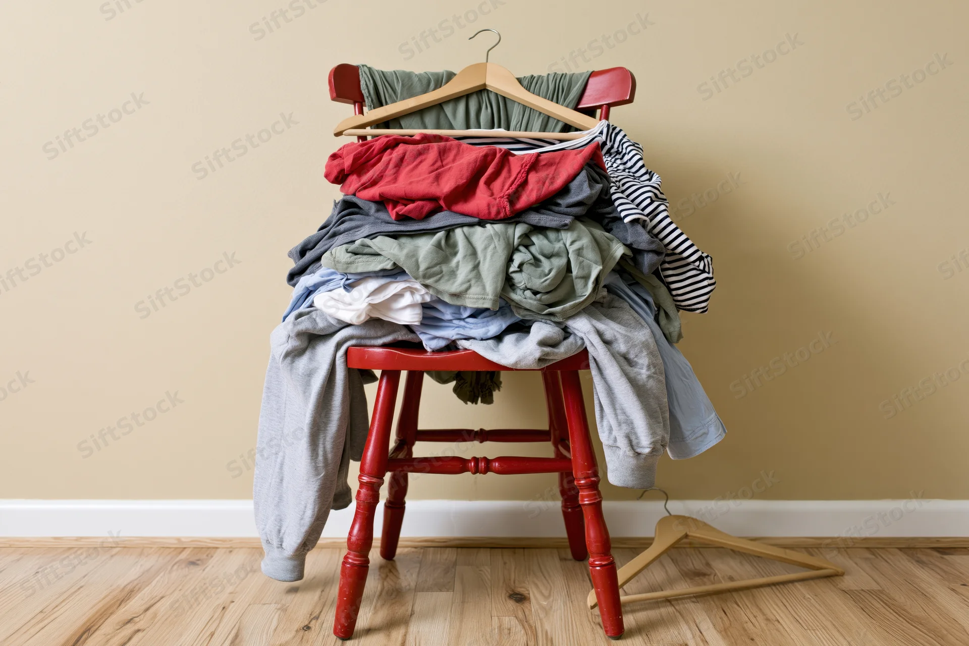 Messy pile of casual clothes stacked on a red wooden chair in a room with hardwood floor and beige wall