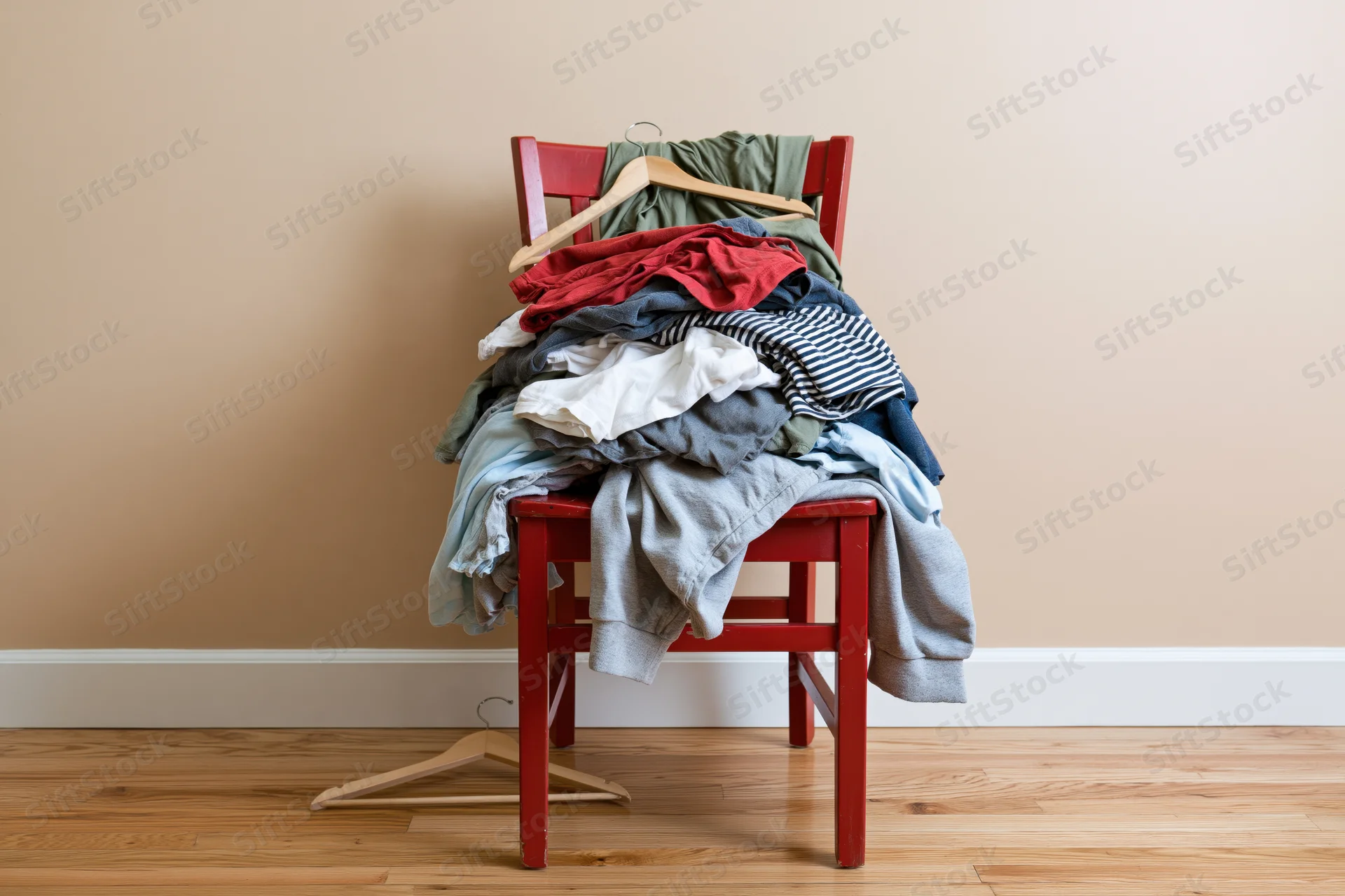 Red wooden chair piled high with casual clothes in a home interior