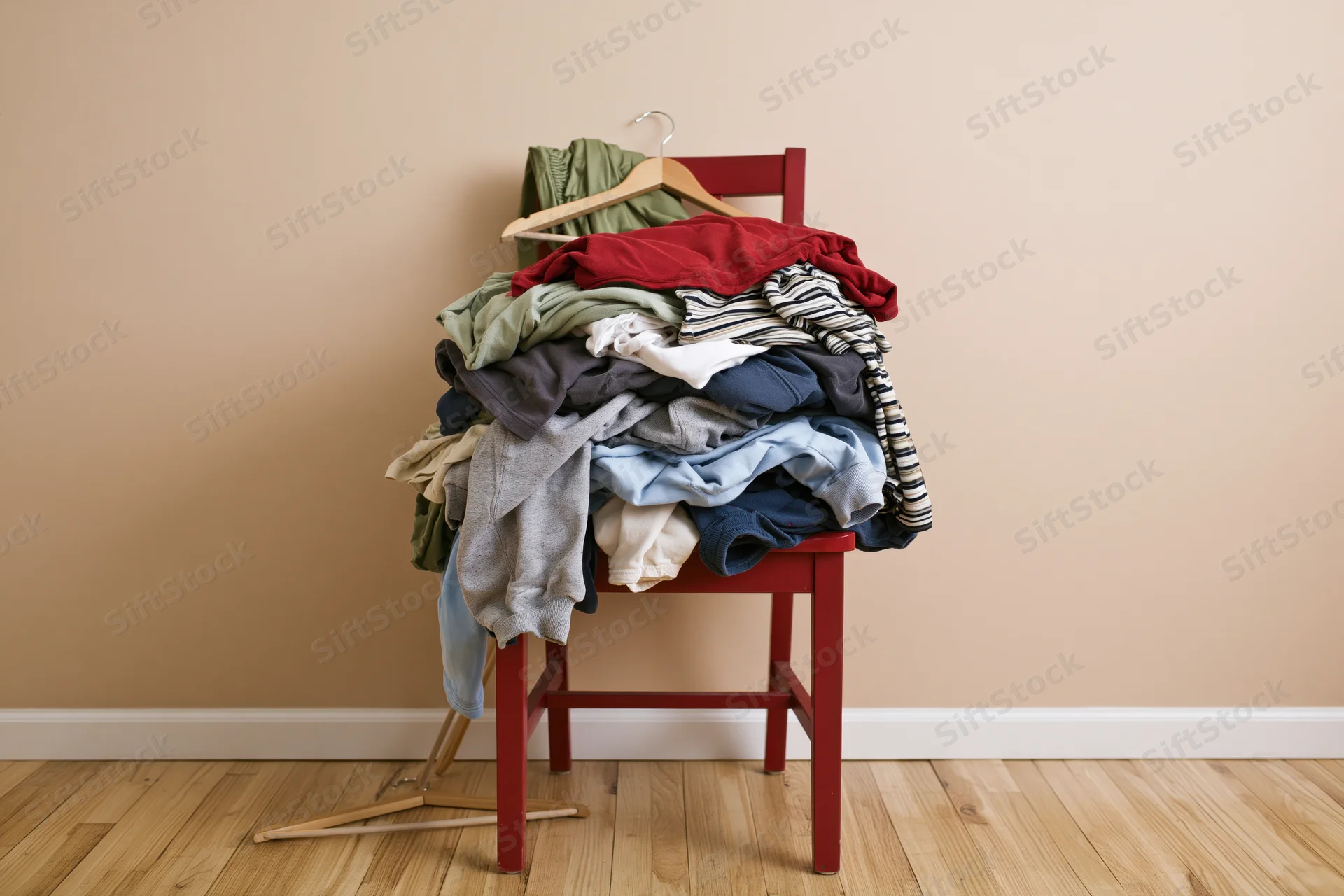 Red wooden chair piled high with casual clothes in a home interior