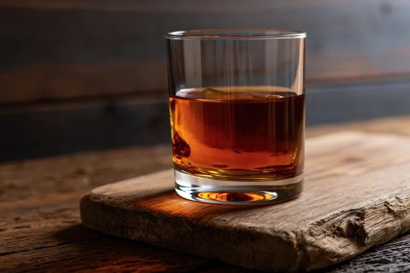 Amber whiskey in a rocks glass on a wooden board