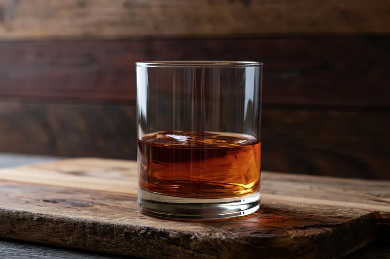 Amber whiskey in a rocks glass on a wooden board