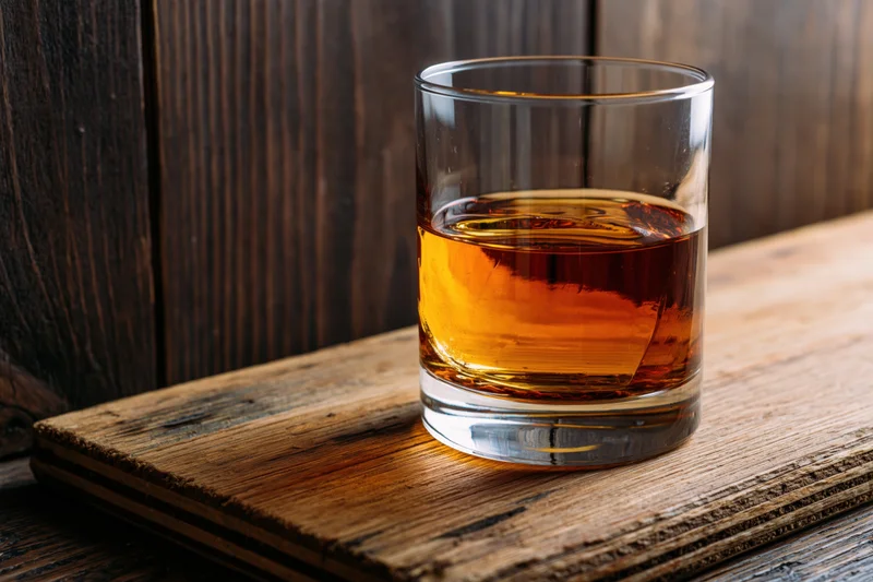 Amber whiskey in a rocks glass on a wooden table