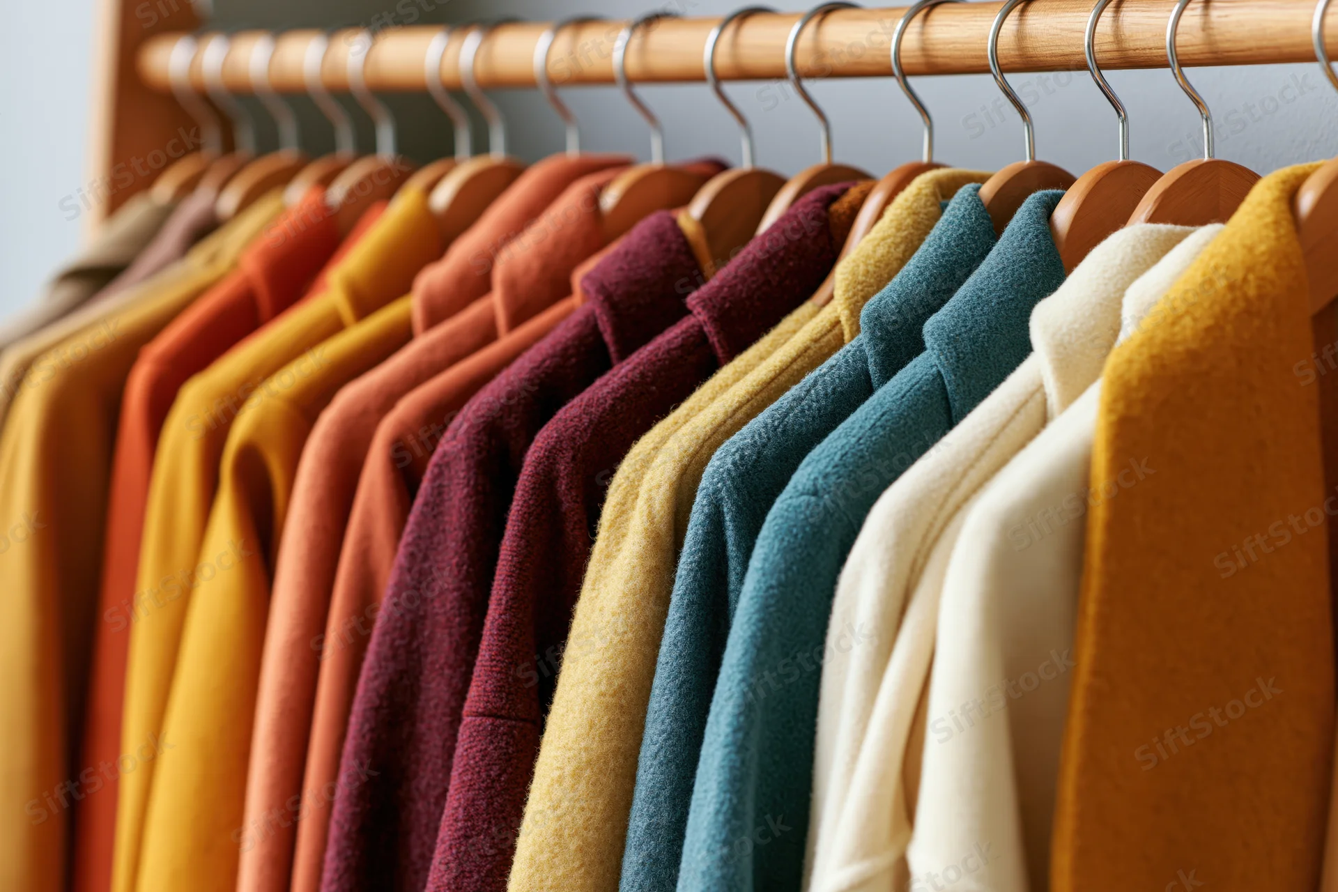 Row of autumn-colored wool coats and jackets hanging on wooden hangers in a closet