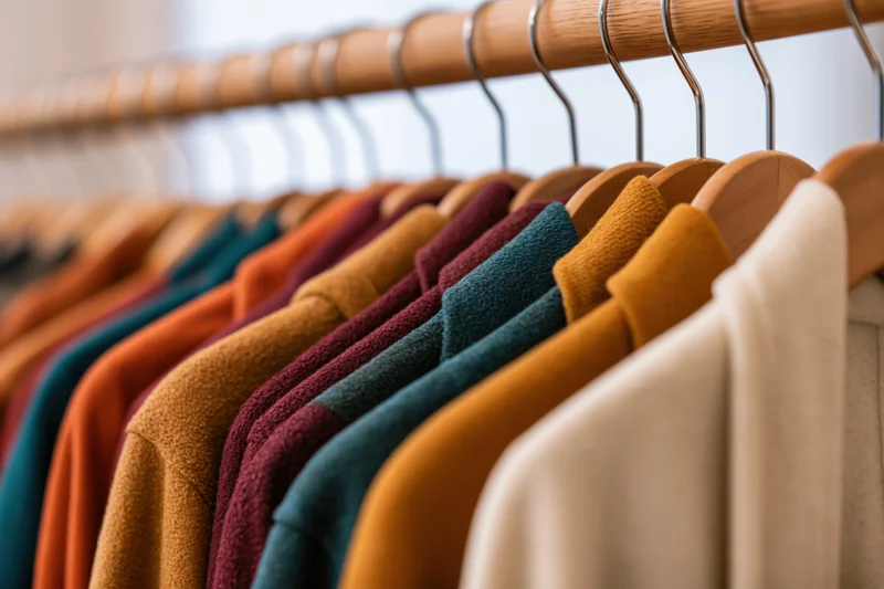 Row of autumn-toned wool coats and jackets hanging on wooden hangers in a clothing store display