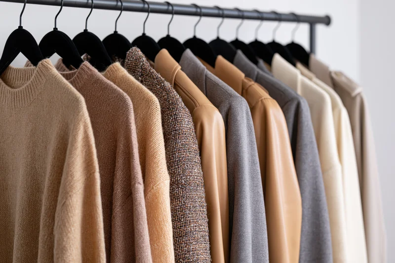Row of autumn sweaters and jackets hanging on black velvet hangers in a retail display