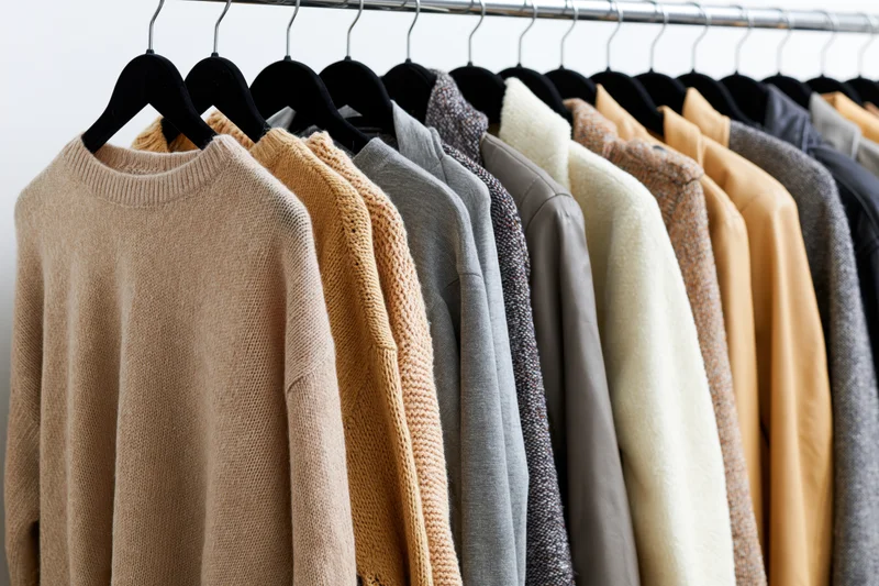 Row of autumn sweaters and jackets hanging on black velvet hangers in a retail display