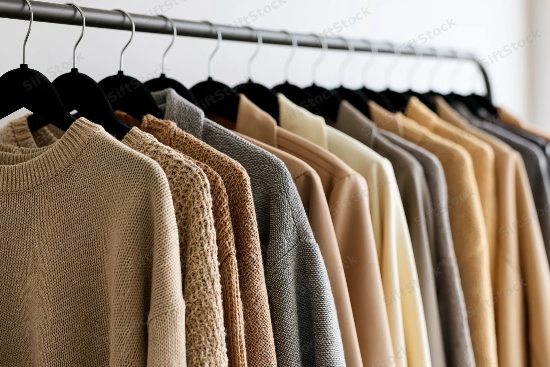Row of autumn sweaters and jackets hanging on black velvet hangers in a closet