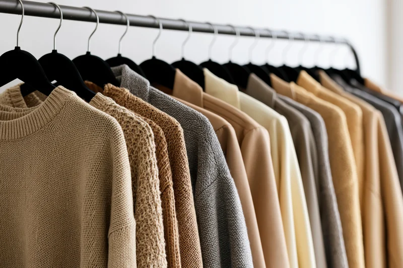 Row of autumn sweaters and jackets hanging on black velvet hangers in a closet