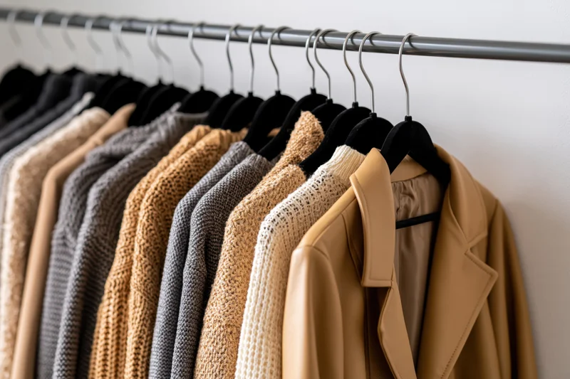 Row of autumn sweaters and jackets hanging on black velvet hangers in a retail display