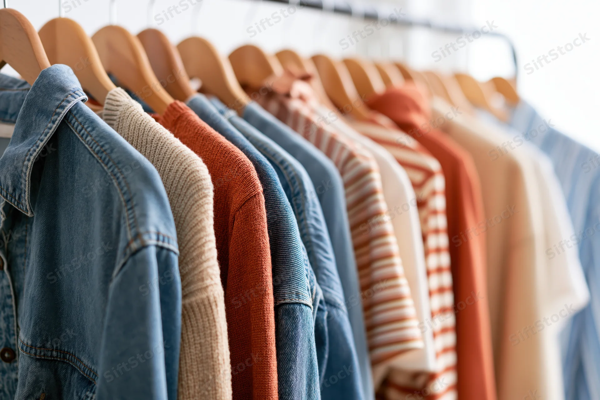 Row of casual clothing hanging on wooden hangers on a rack