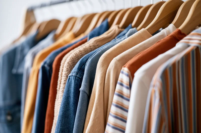 Row of casual clothing hanging on wooden hangers in a closet