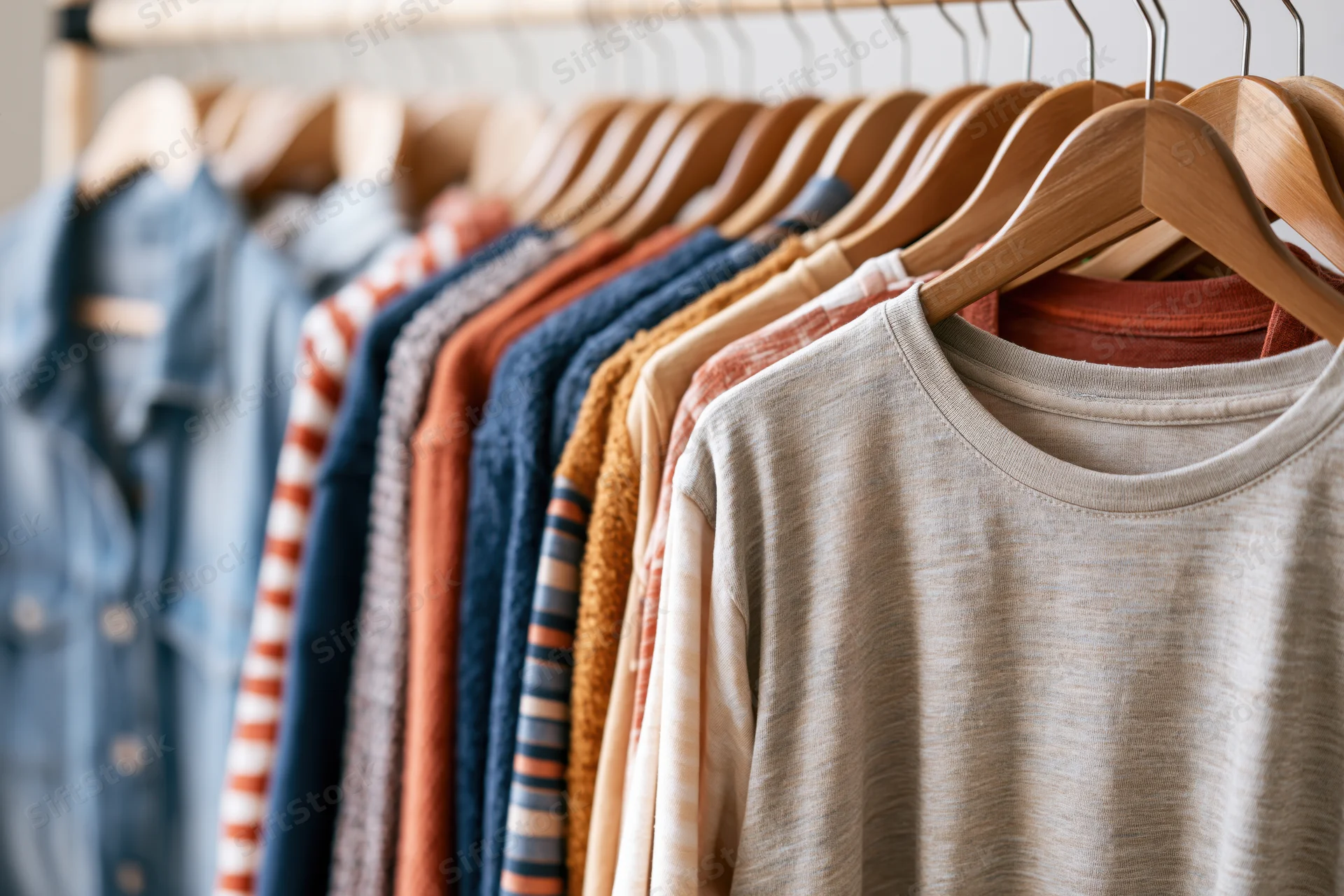 Casual clothing arranged on wooden hangers in a row on a rack
