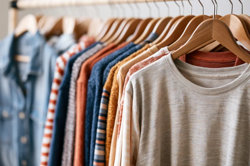 Casual clothing arranged on wooden hangers in a row on a rack