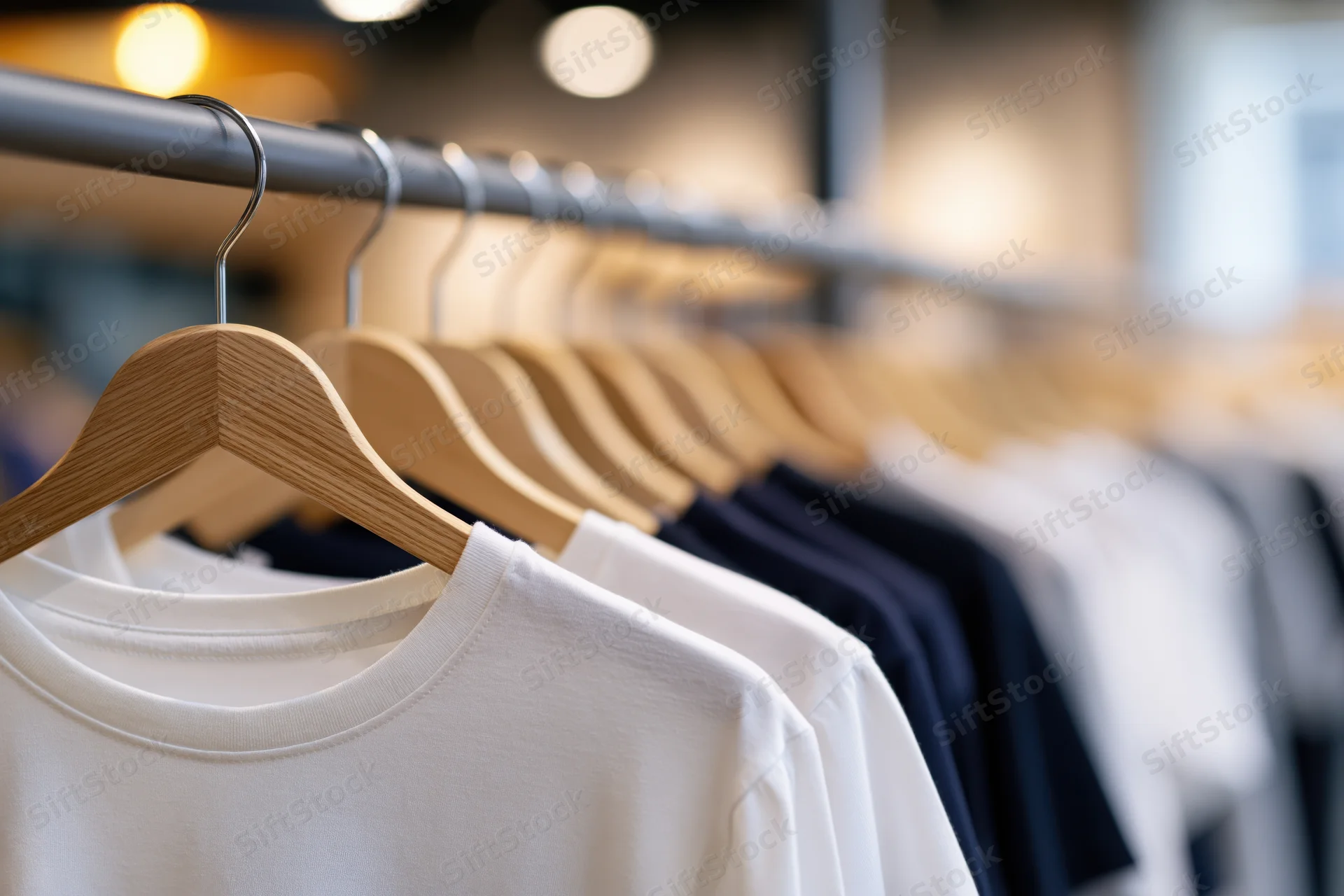 Row of t-shirts hanging on wooden hangers in a retail store display