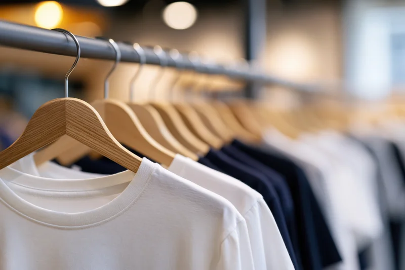 Row of t-shirts hanging on wooden hangers in a retail store display