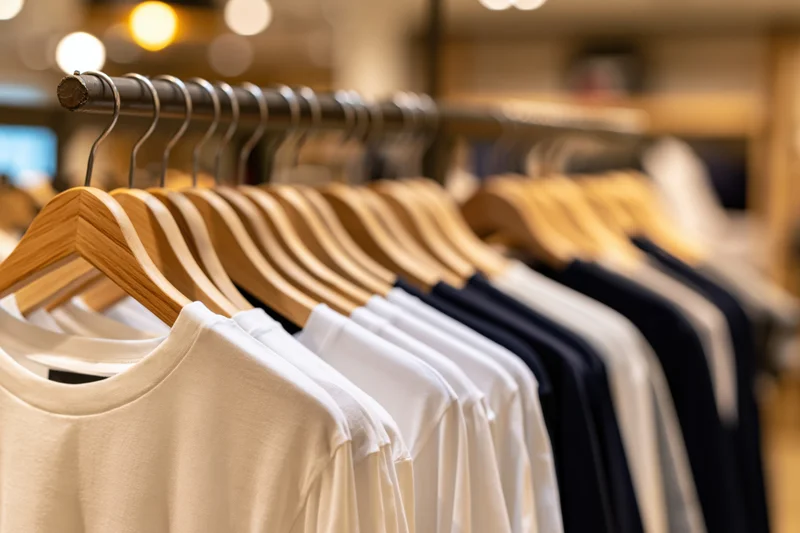 Row of t-shirts on wooden hangers in a clothing store display