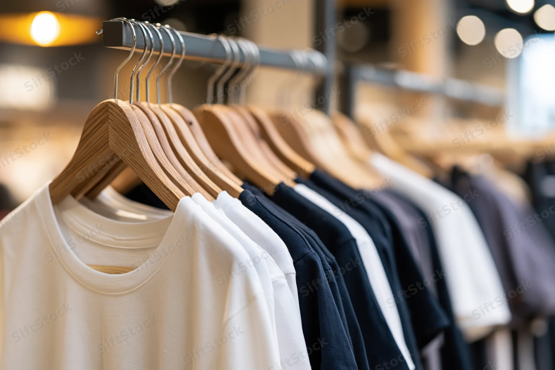 Row of t-shirts on wooden hangers in a modern retail store