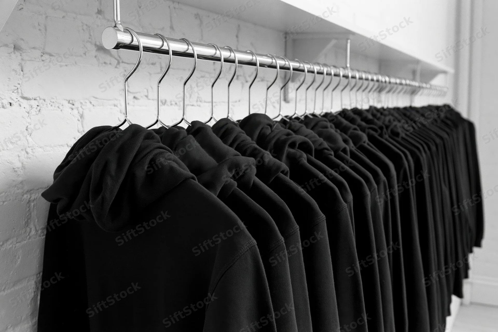 Row of black hoodies hanging on metal rack in minimalist retail space