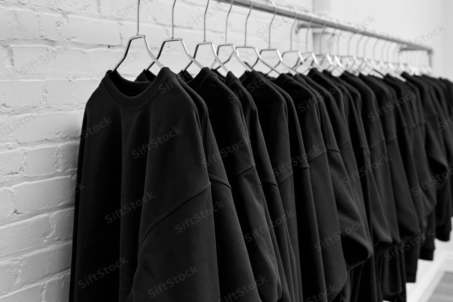 Row of identical black sweatshirts hanging on metal hangers against white brick wall in retail space