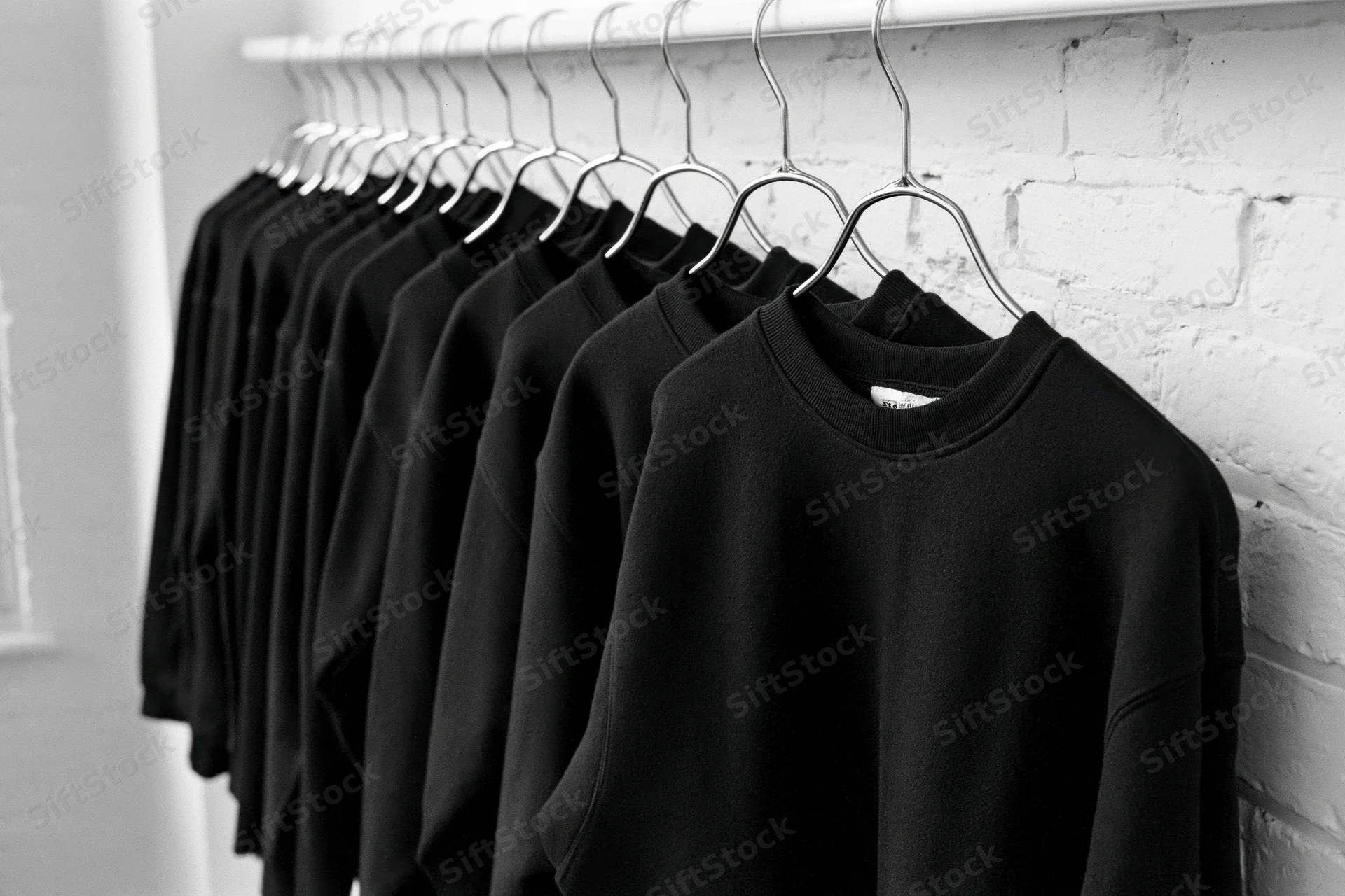 Row of black sweatshirts hanging on metal hangers against white brick wall in retail space