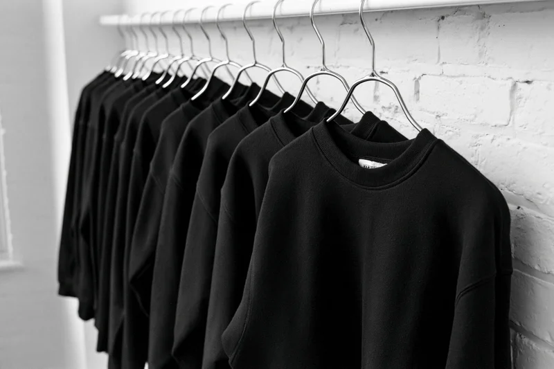 Row of black sweatshirts hanging on metal hangers against white brick wall in retail space