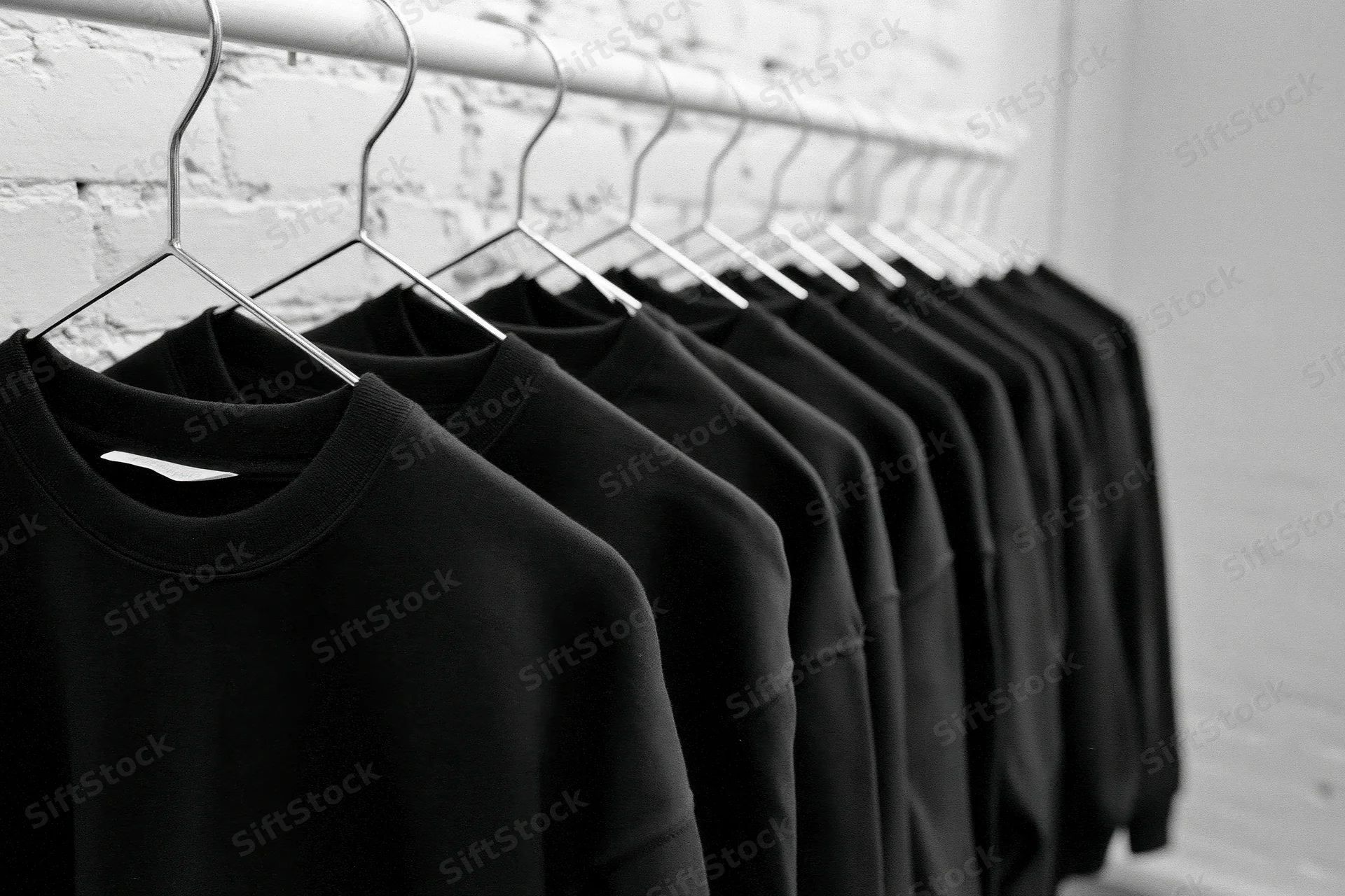 Row of black sweatshirts hanging on metal hangers in a retail store interior