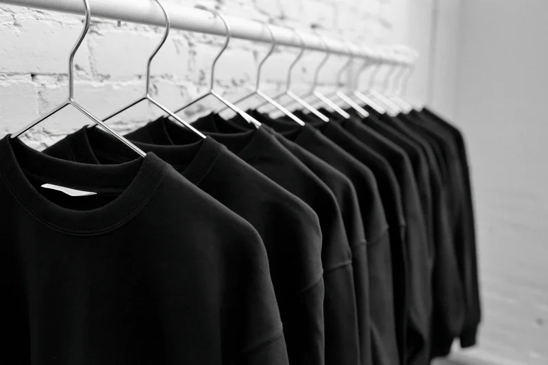 Row of black sweatshirts hanging on metal hangers in a retail store interior