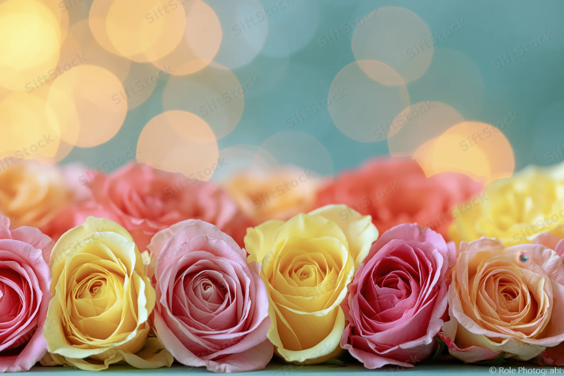 Row of pink yellow and peach roses arranged closely together with bokeh lights in background