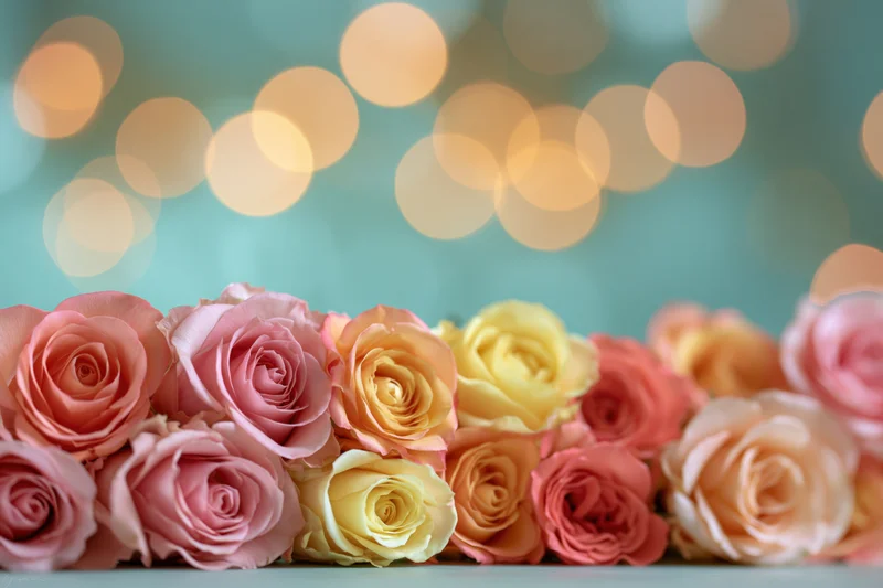 Row of pink yellow and peach roses arranged closely together with bokeh lights in background