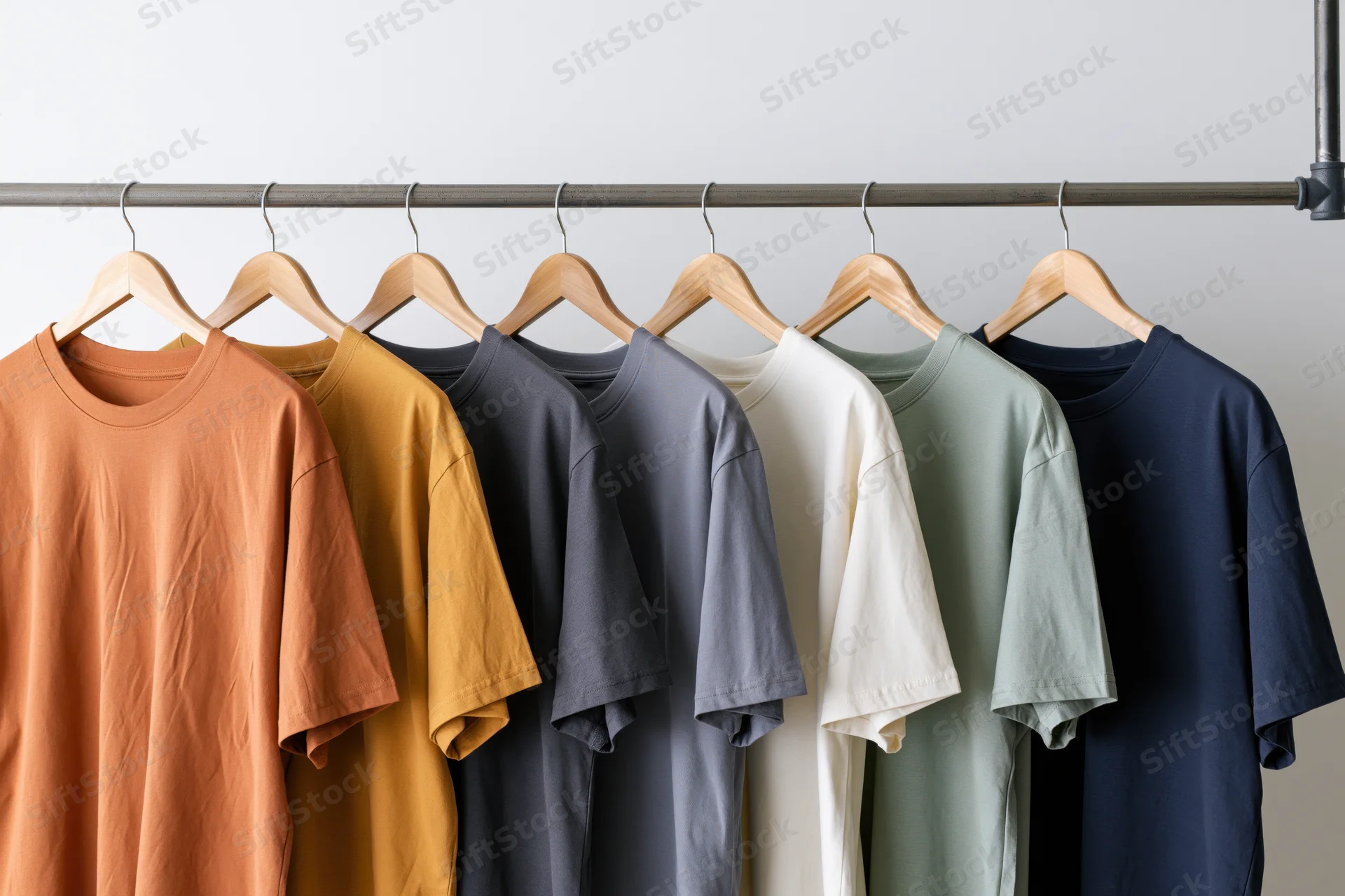 Plain oversized t-shirts in neutral colors hanging on wooden hangers on a metal rack