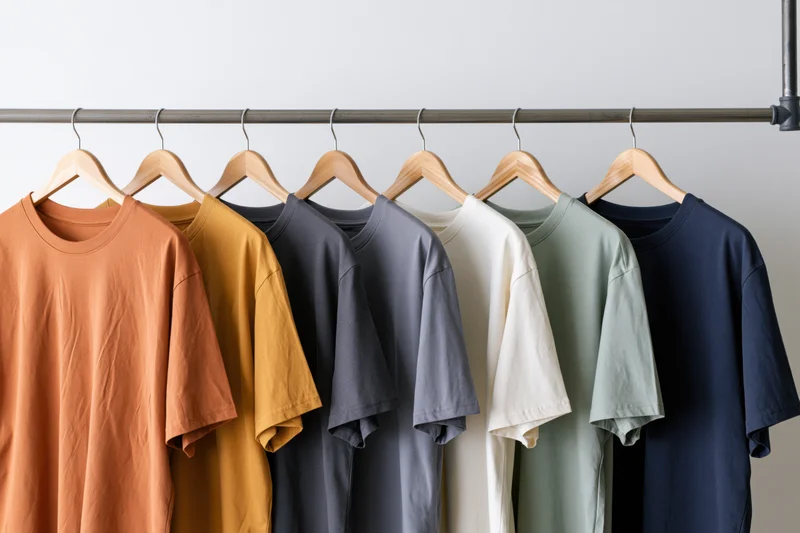 Plain oversized t-shirts in neutral colors hanging on wooden hangers on a metal rack