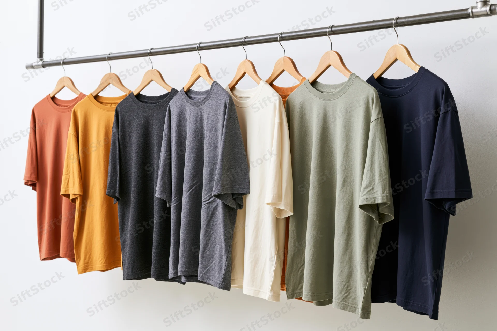 Plain oversized t-shirts hanging on wooden hangers on a metal rack against a white wall