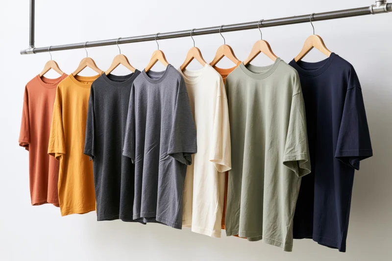 Plain oversized t-shirts hanging on wooden hangers on a metal rack against a white wall