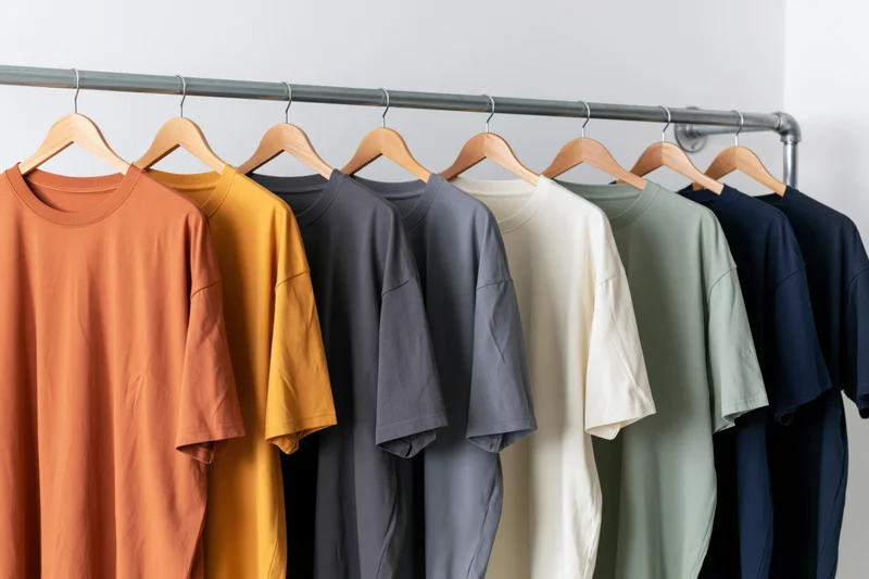 Plain oversized t-shirts hanging on wooden hangers in a row on a metal rack
