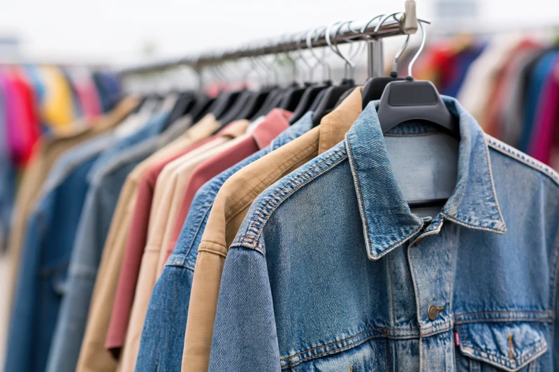Denim jacket and casual shirts hanging on a metal rack in a thrift store display