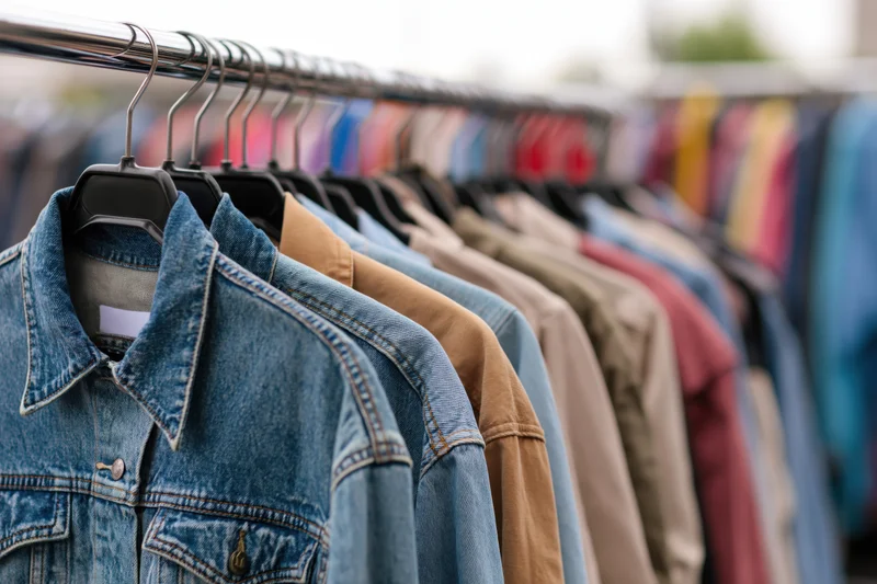 Row of secondhand denim jackets and casual shirts hanging on a metal rack in a thrift store display