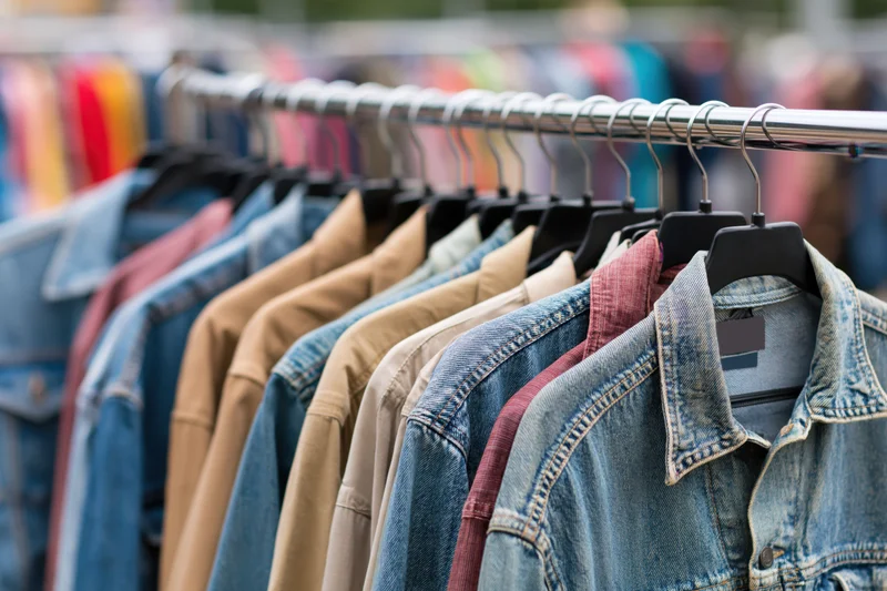 Row of secondhand denim jackets and casual shirts hanging on a metal rack in a thrift store display