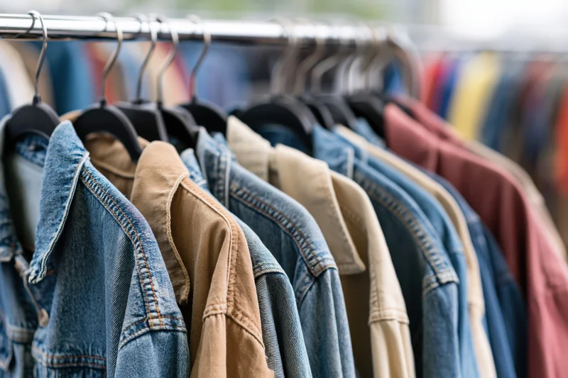 Row of secondhand denim jackets and casual shirts hanging on a metal rack in a store