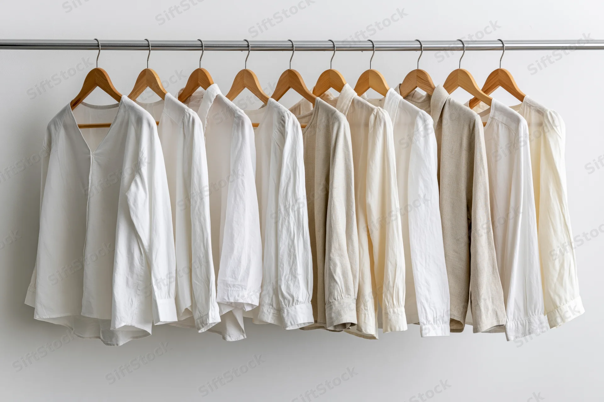 Row of white and cream women's blouses hanging on a metal rack against a plain wall