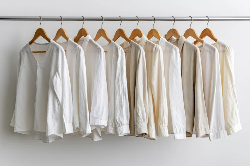 Row of white and cream women's blouses hanging on a metal rack against a plain wall