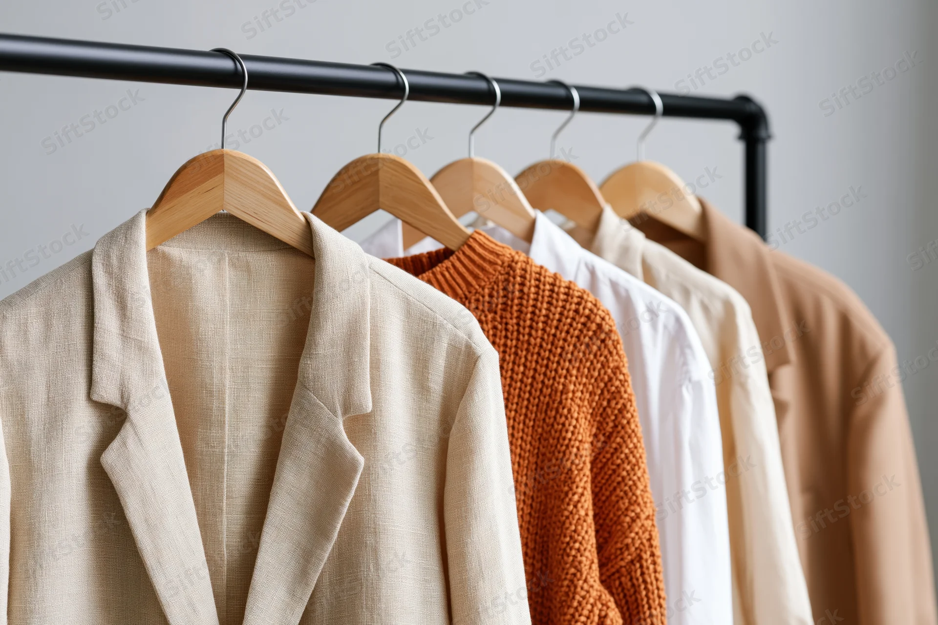 Women's clothing hanging on a black metal rack in a minimalist studio setting